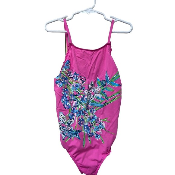 Lilly Pulitzer Azalea One Piece Swimsuit Pink Tropics Sway this Way Girls Sz 8